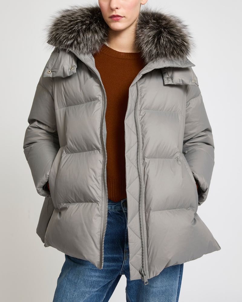 Iconic "A" line down jacket with fox fur collar