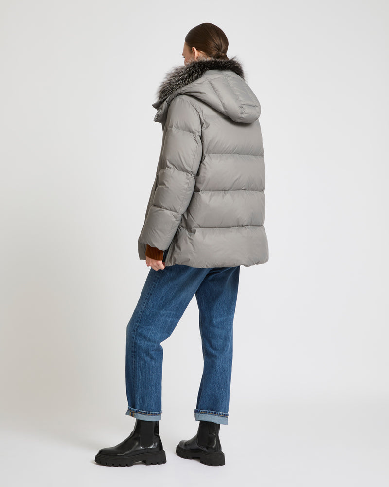 Iconic "A" line down jacket with fox fur collar