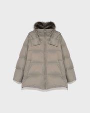 A line down jacket in water-repellent technical fabric with fox fur collar