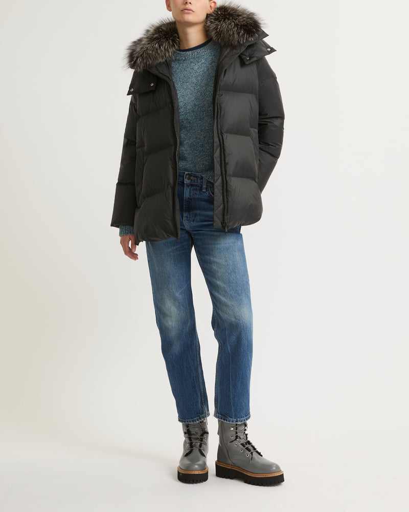 Iconic "A" line down jacket with fox fur collar