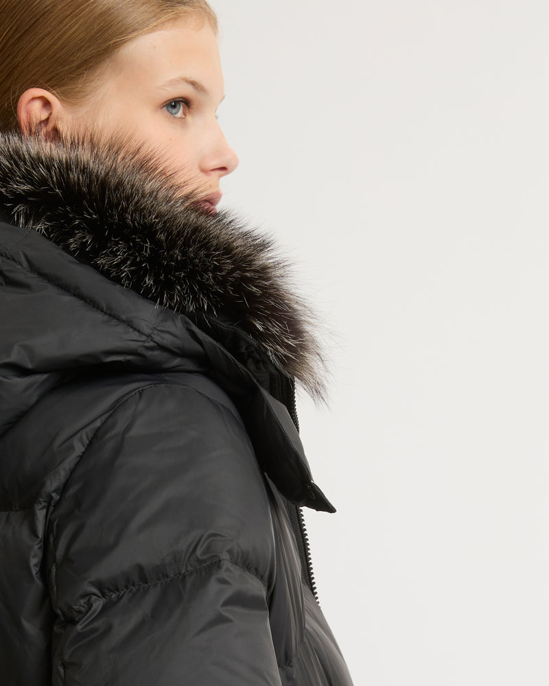 A line down jacket in water-repellent technical fabric with fox fur collar - black - Yves Salomon