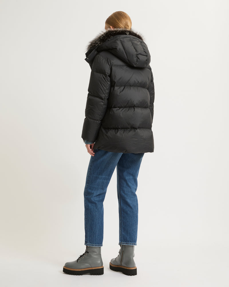 A line down jacket in water-repellent technical fabric with fox fur collar - black - Yves Salomon