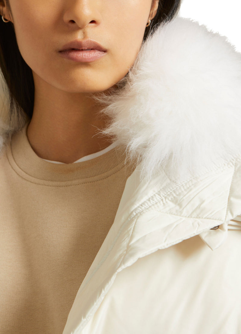 "A" line down jacket in water-repellent technical fabric with fluffy lambswool collar