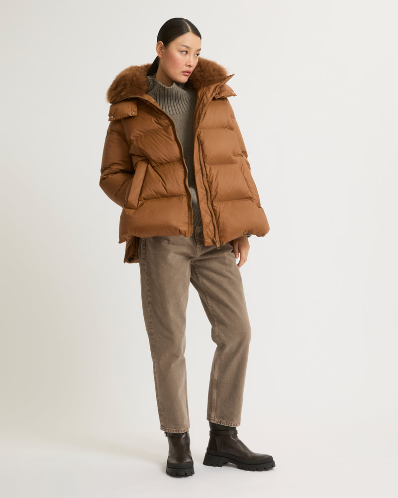 A line down jacket in water-repellent technical fabric with fluffy lambswool collar-Yves Salomon-Winter sale & boxing day