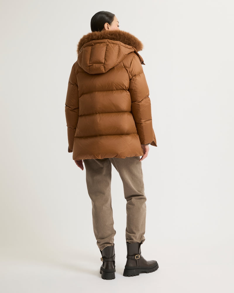 A line down jacket in water-repellent technical fabric with fluffy lambswool collar-Yves Salomon-Winter sale & boxing day