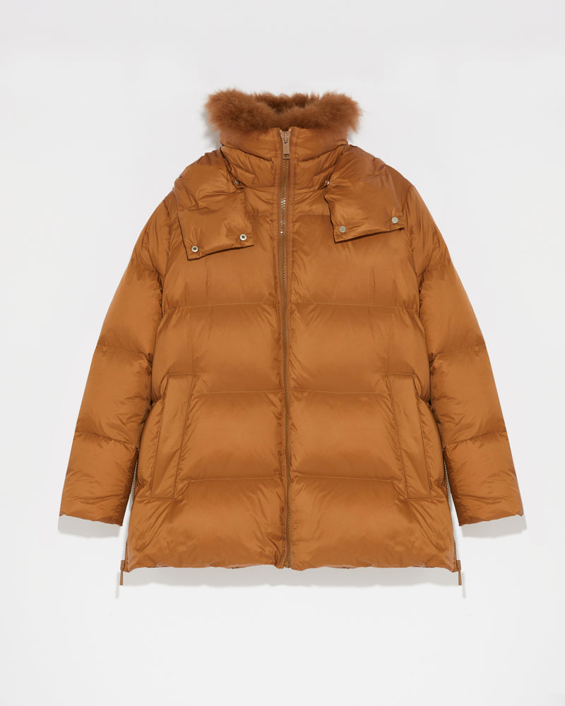 A line down jacket in water-repellent technical fabric with fluffy lambswool collar-Yves Salomon-Winter sale & boxing day