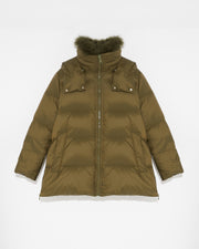 A line down jacket in water-repellent technical fabric with fluffy lambswool collar