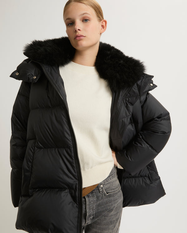 A line down jacket in water-repellent technical fabric with fluffy lambswool collar - black - Yves Salomon