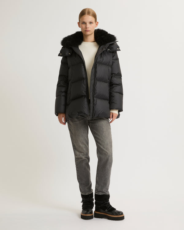 A line down jacket in water-repellent technical fabric with fluffy lambswool collar - black - Yves Salomon