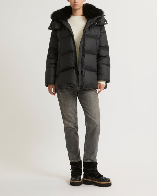 Iconic "A" line down jacket with lambswool collar