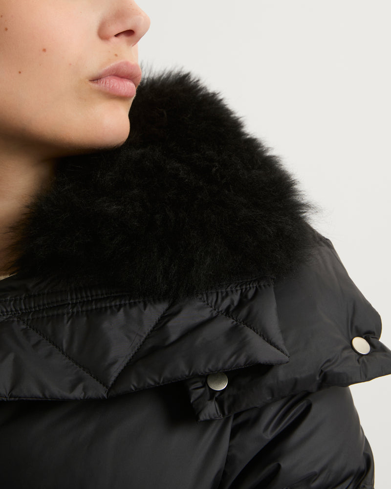 Iconic "A" line down jacket with lambswool collar