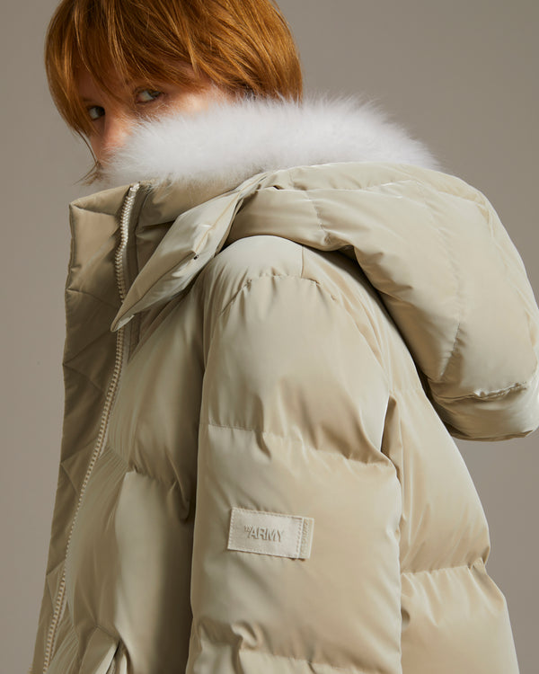 A line down jacket in icy water-repellent technical fabric with collar trim in fluffy lambswool-Yves Salomon-Winter sale & boxing day