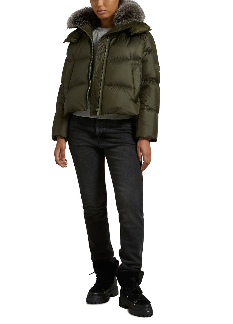 Short "A" line down jacket in water-repellent technical fabric with fox fur collar