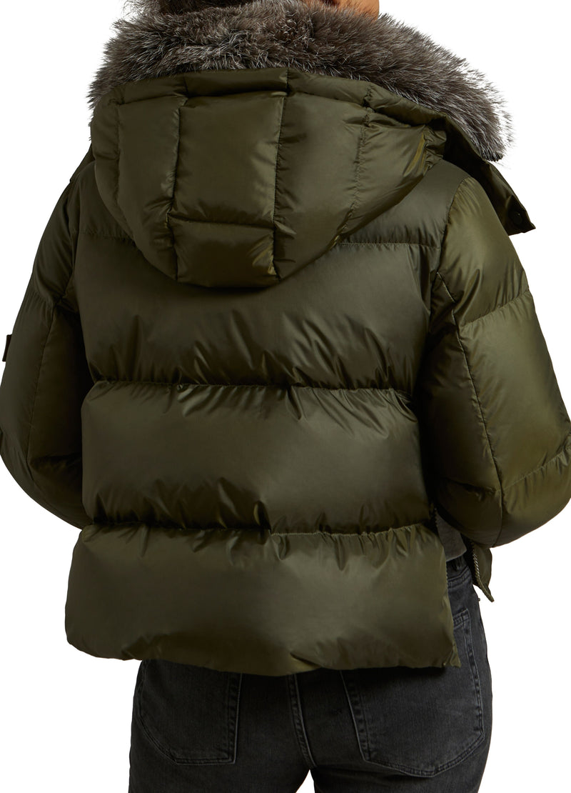 Short "A" line down jacket in water-repellent technical fabric with fox fur collar