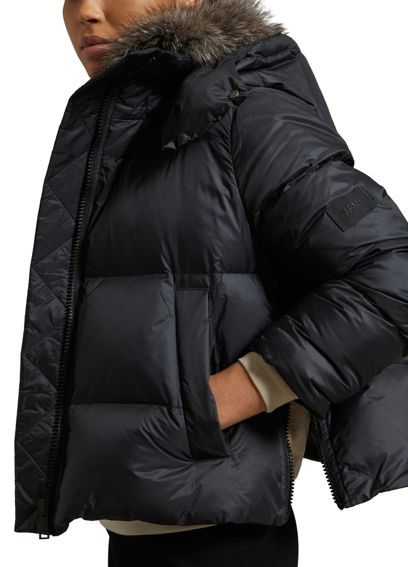 Short "A" line down jacket in water-repellent technical fabric with fox fur collar