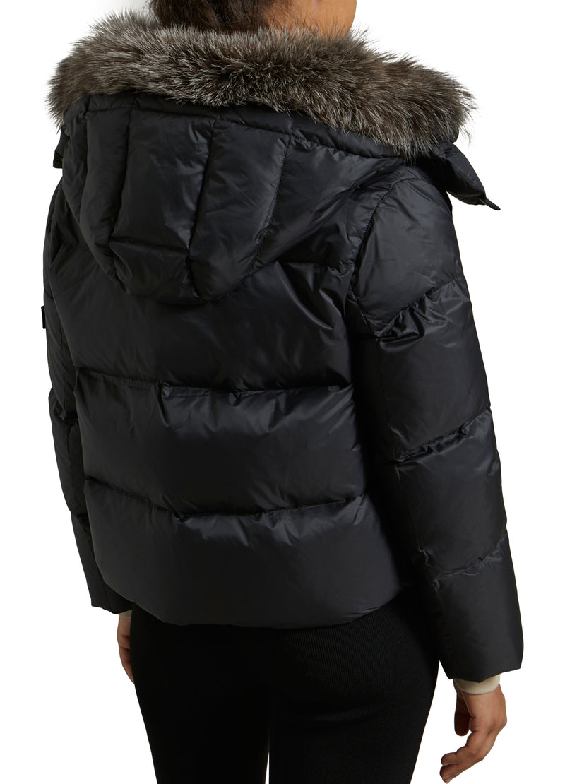 Short "A" line down jacket in water-repellent technical fabric with fox fur collar