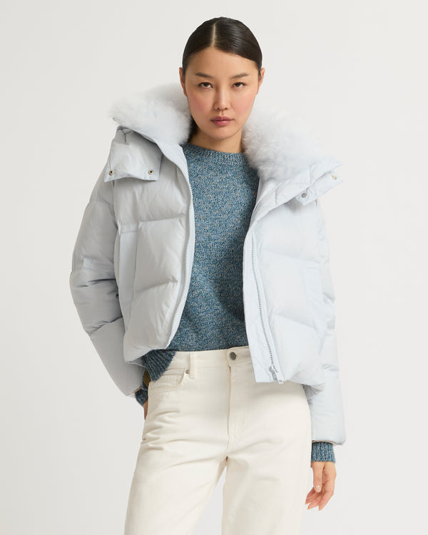 Short "A" line down jacket in water-repellent technical fabric with fluffy lambswool collar - blue - Yves Salomon