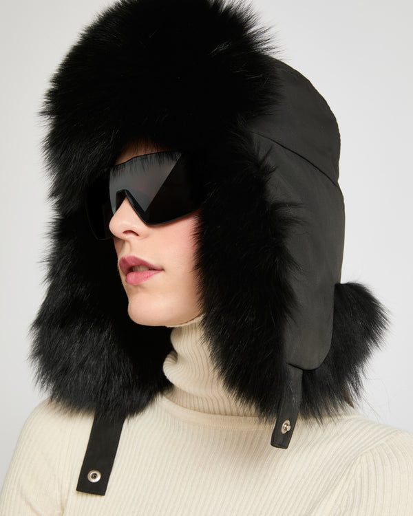 Technical fabric ushanka with fox fur - black - Yves Salomon