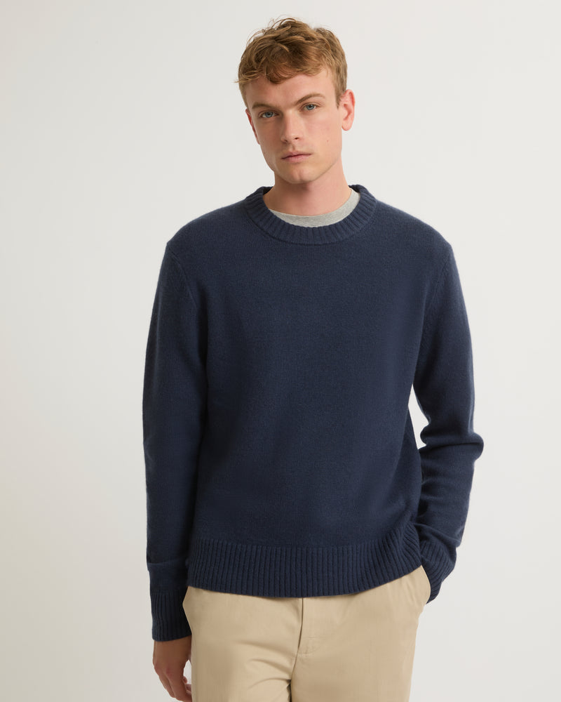 Wool-cashmere knit crew neck jumper - navy - Yves Salomon