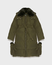 Long belted down jacket in technical fabric