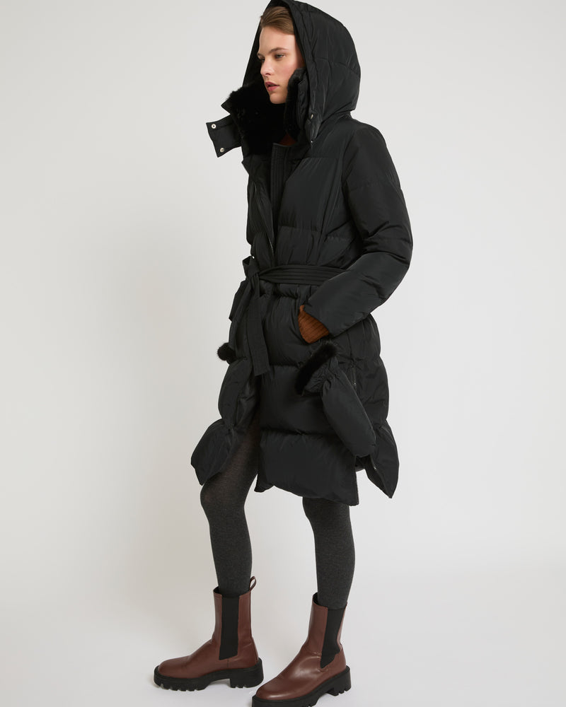 Long belted down jacket in technical fabric - black - Yves Salomon