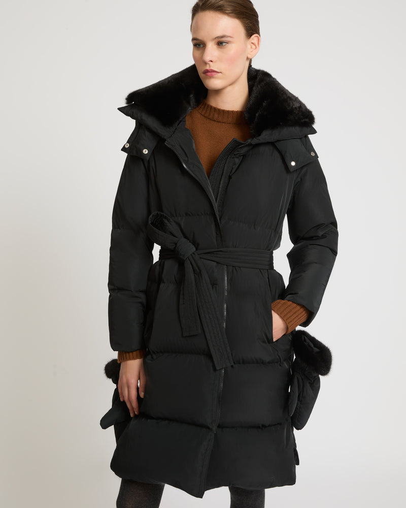 Long belted down jacket in technical fabric - black - Yves Salomon