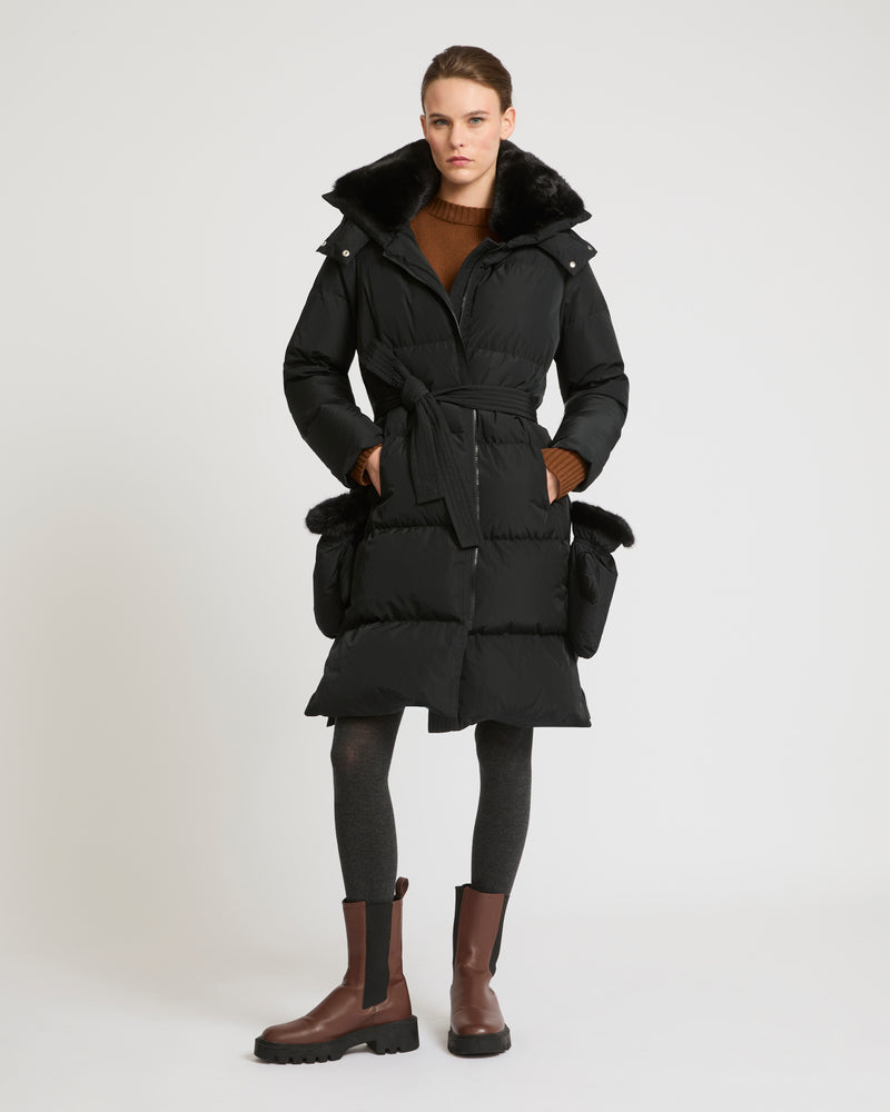 Long belted down jacket in technical fabric - black - Yves Salomon