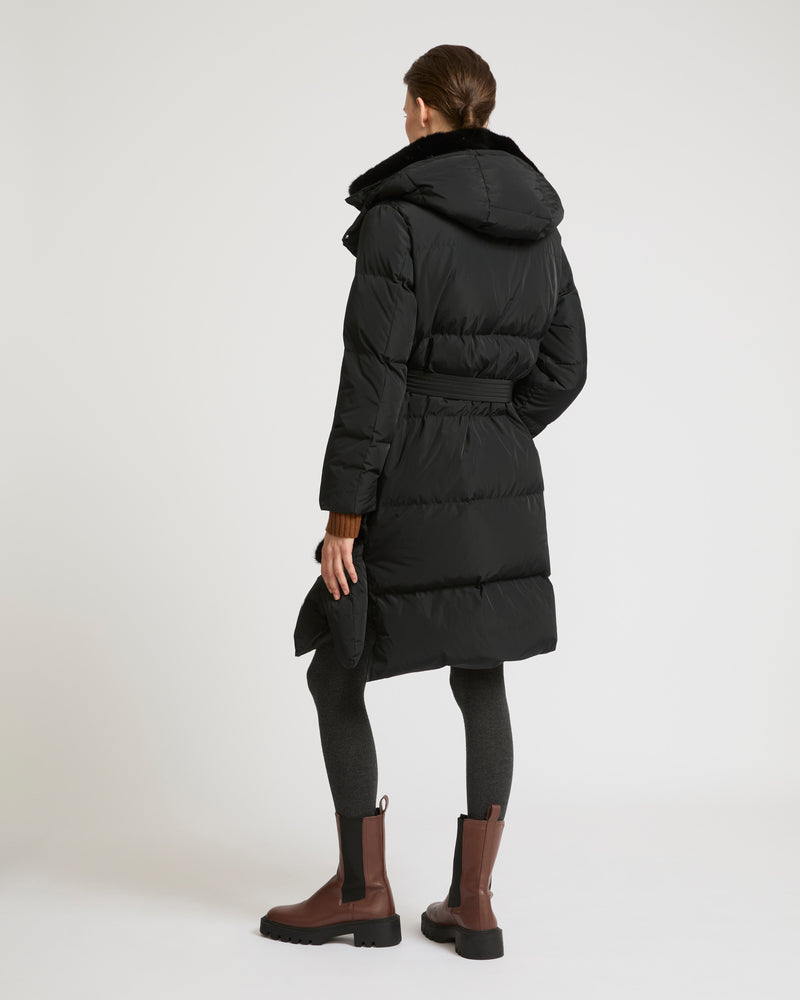 Long belted down jacket in technical fabric - black - Yves Salomon