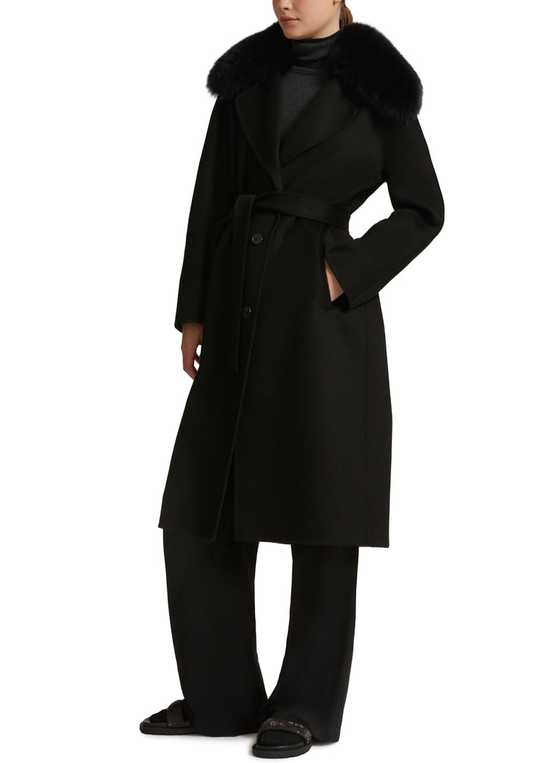 Belted coat in cashmere wool with fox fur collar