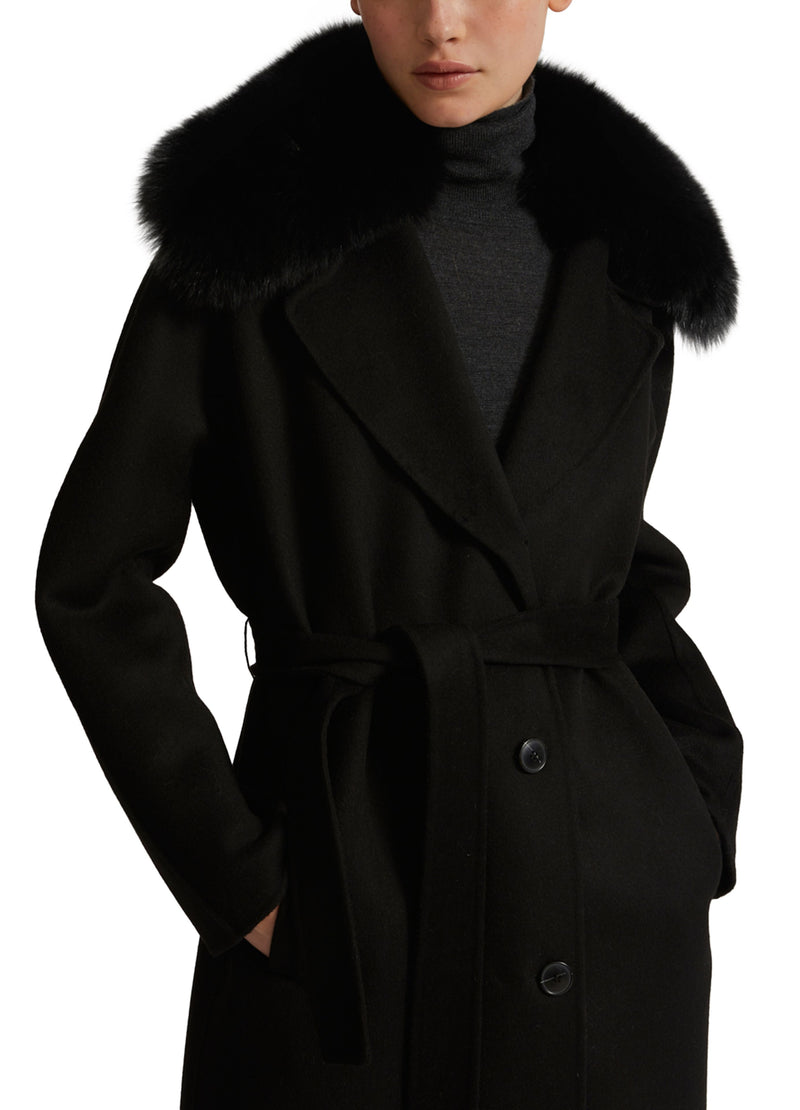 Belted coat in cashmere wool with fox fur collar