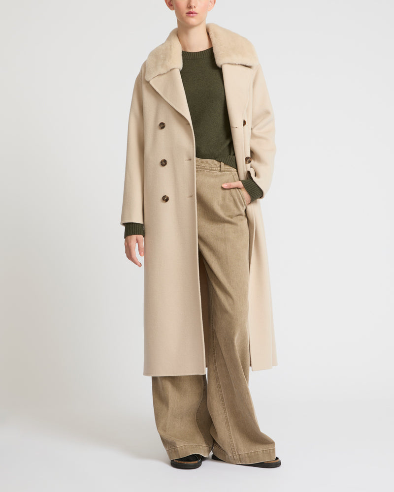 Long cashmere wool coat with mink fur collar