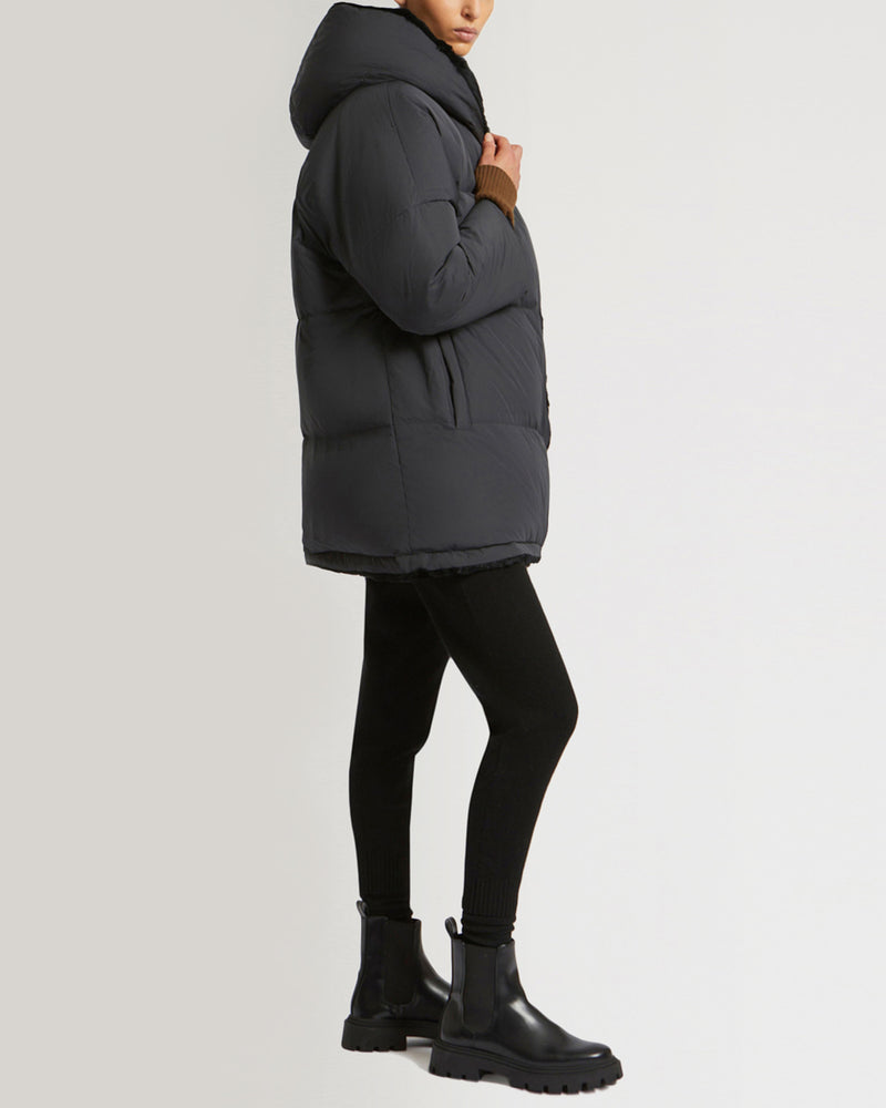 Reversible down jacket in waterproof technical fabric and sheared rabbit