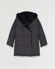 Reversible down jacket in waterproof technical fabric and sheared rabbit