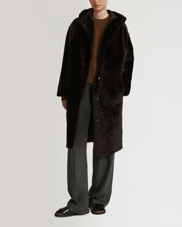 Long hooded shearling coat