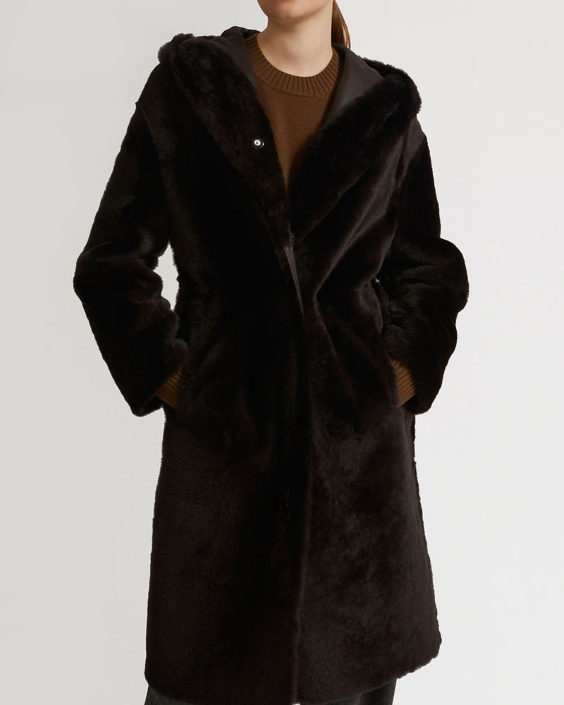 Long hooded shearling coat