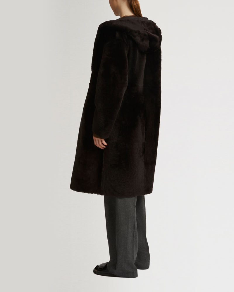 Long hooded shearling coat