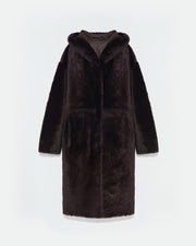 Long hooded shearling coat