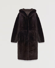 Long hooded shearling coat