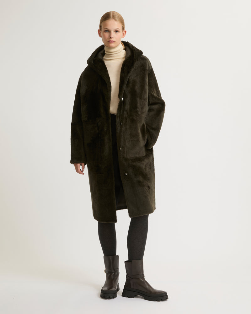 Long hooded shearling coat - khaki - Yves Salomon