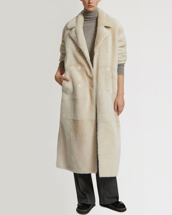 Long double-breasted shearling coat