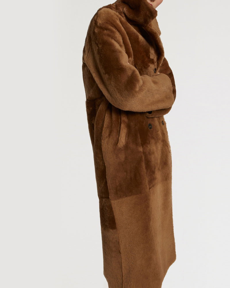 Long double-breasted shearling coat