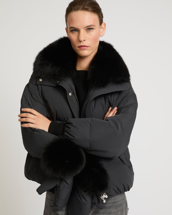 Boxy down jacket in waterproof technical fabric with fox fur collar - black - Yves Salomon