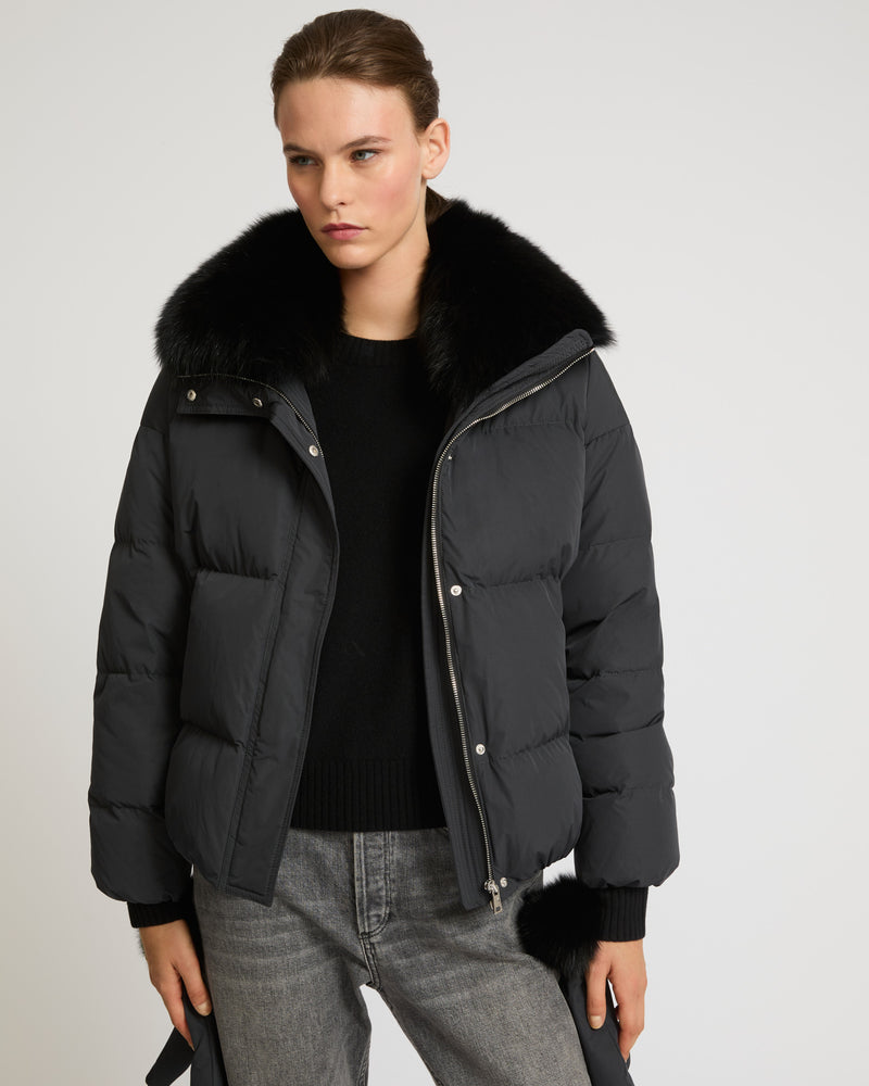 Boxy down jacket in waterproof technical fabric with fox fur collar - black - Yves Salomon