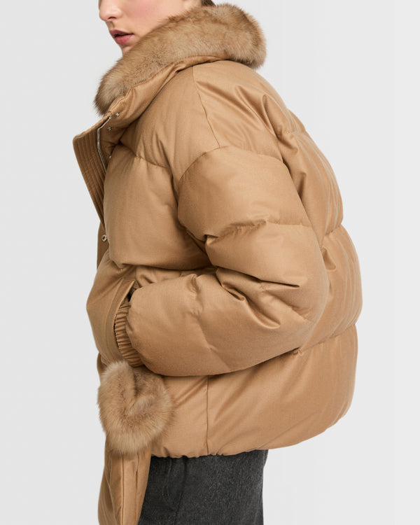 Short down jacket made with Loro Piana flannel and sable fur