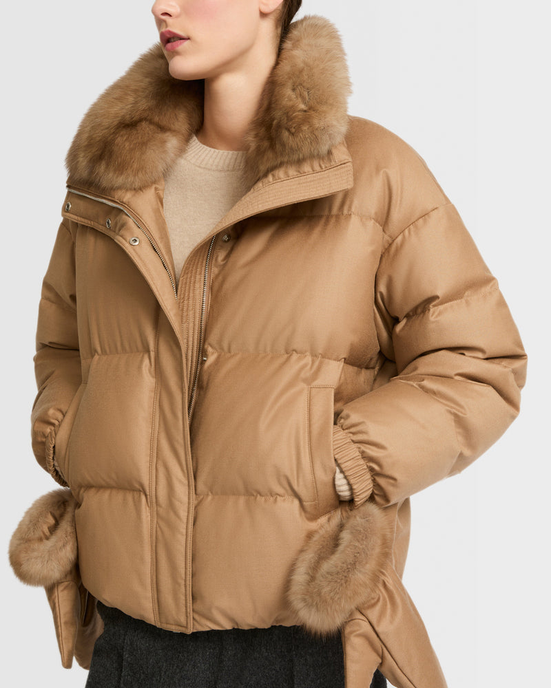 Short down jacket made with Loro Piana flannel and sable fur