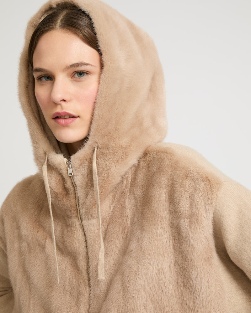 Hooded jacket in knit and mink fur - beige - Yves Salomon