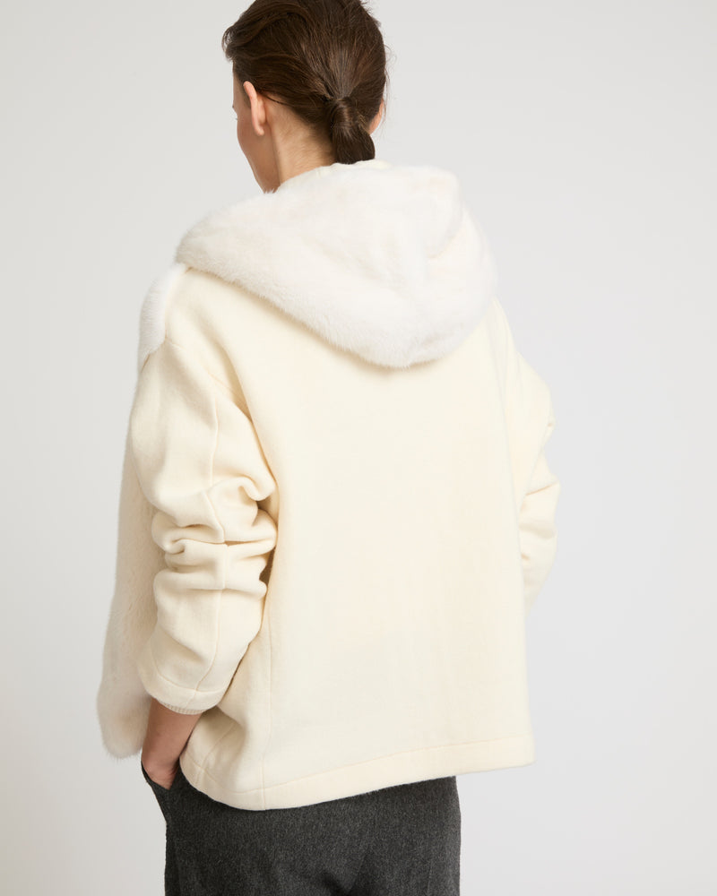 Belted down jacket in waterproof technical fabric with fox and rabbit fur - white - Yves Salomon