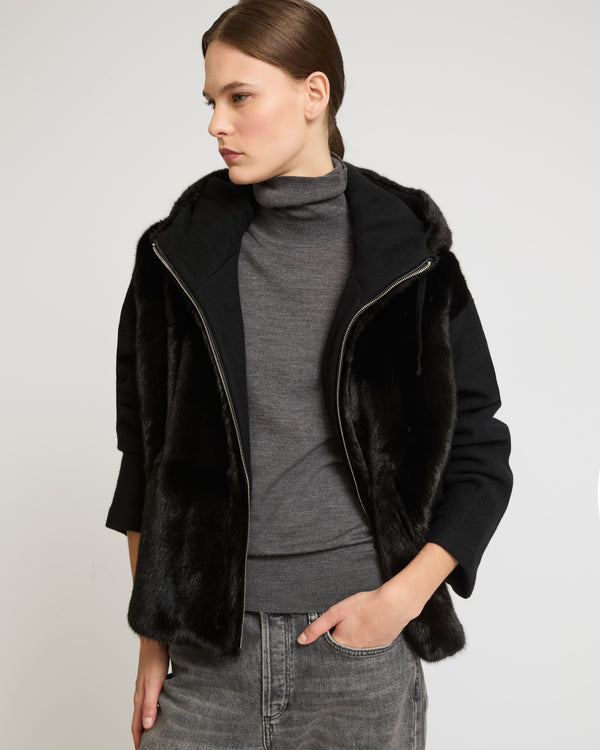 Belted down jacket in waterproof technical fabric with fox and rabbit fur - black - Yves Salomon