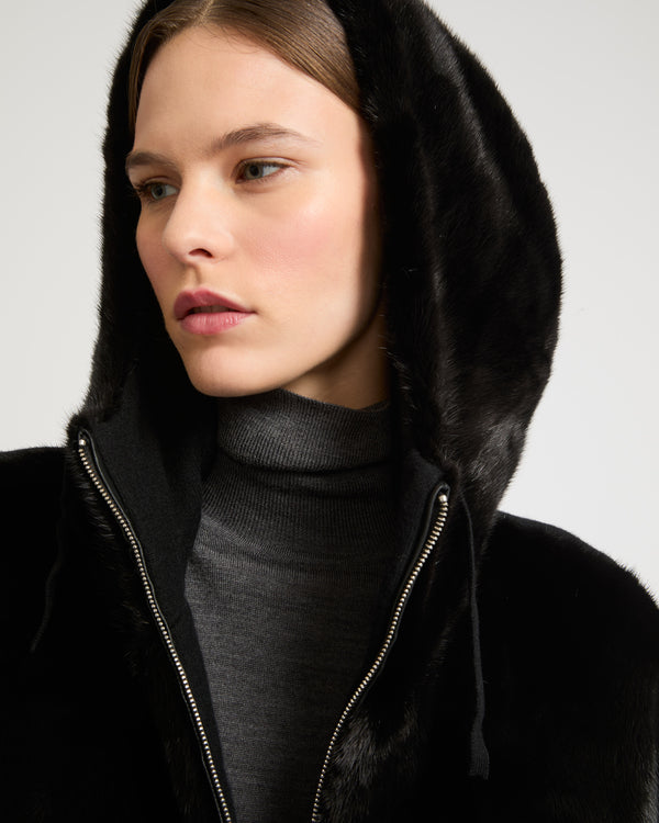 Belted down jacket in waterproof technical fabric with fox and rabbit fur - black - Yves Salomon