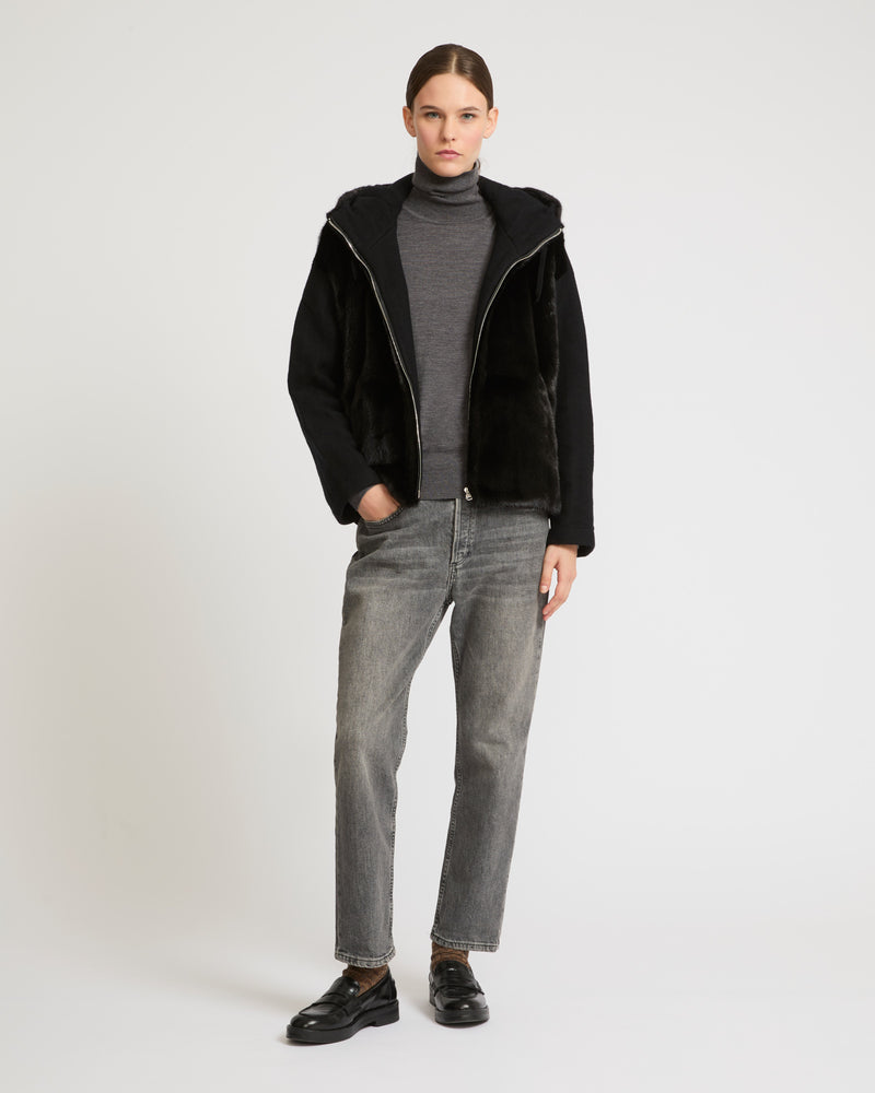 Belted down jacket in waterproof technical fabric with fox and rabbit fur - black - Yves Salomon